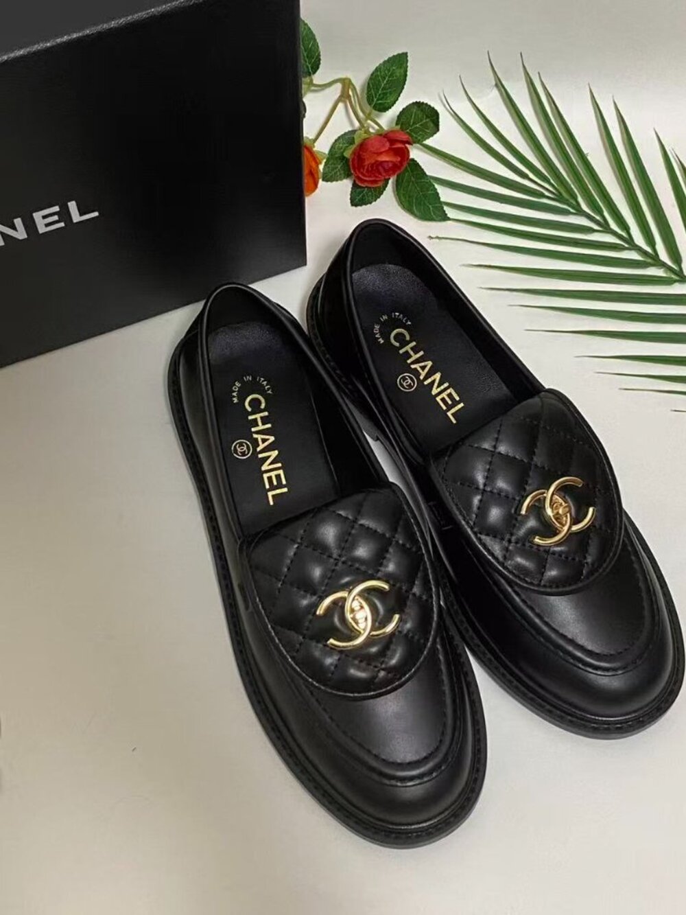 Chanel Black Quilted Leather Loafers with Turnlock CC Logo